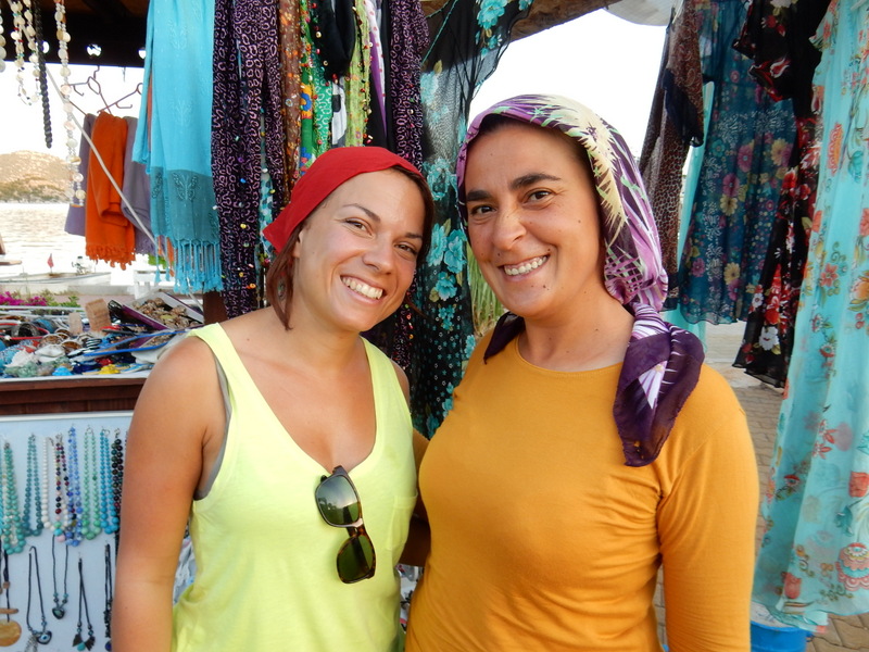 Adina and scarf maker pose after purchase, ÃœÃ§aÄŸÄ±z (Kekova) 