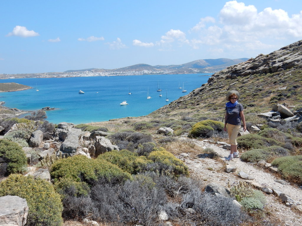 View of the anchorage at Ioannou Bay with the town of Naoussa in the background (Paros)