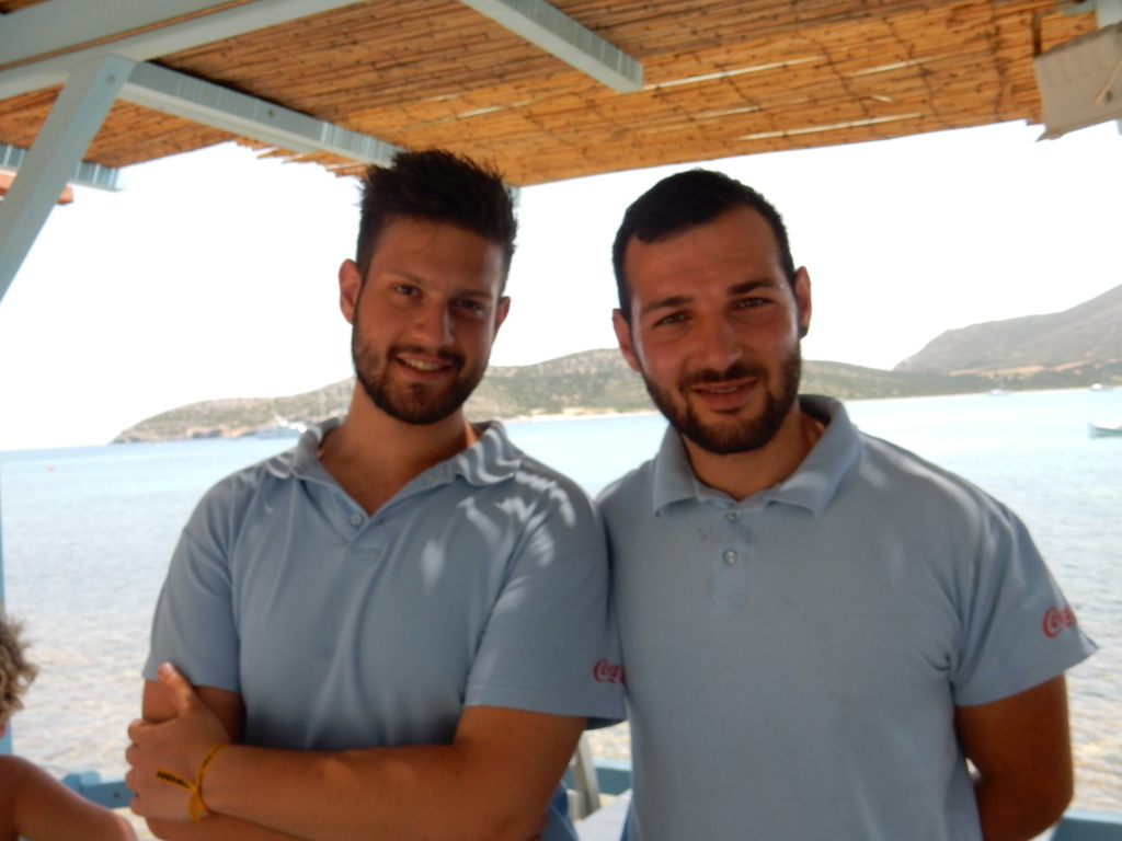 Giorgio and Pantelis -- friendly waiters at Captain Pepinos Taverna in St. Georges, Antiparos