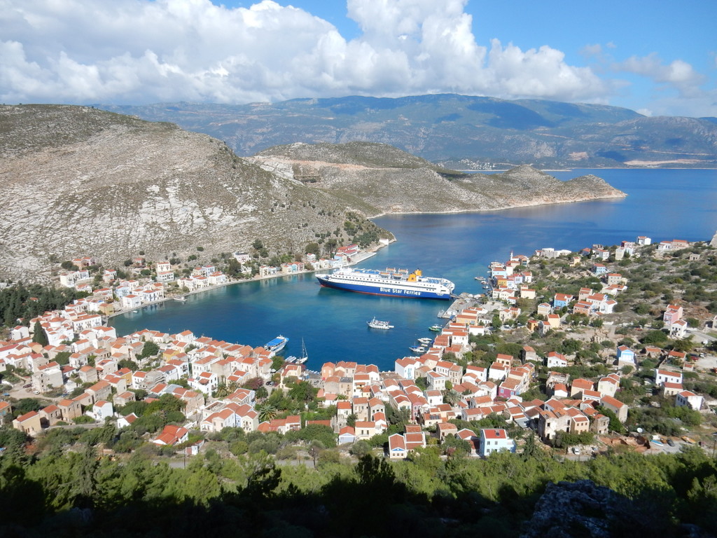 Blue Star ferry tied up in Kastellorizo, Greece.