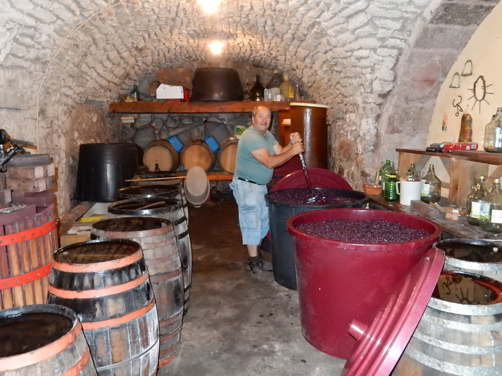 We peered into a door in an alley in BOsa and found this guy stirring the wine vats